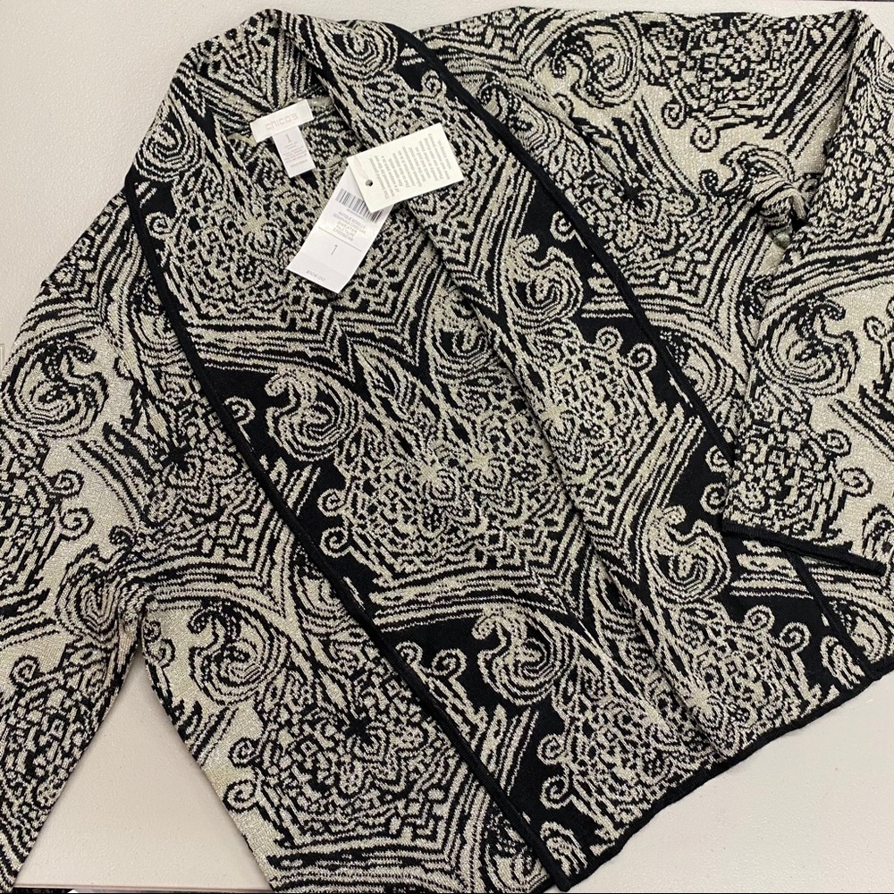 Chico's Antique Scrolls Seraphina Cardigan Sweater Jacket Tan Black